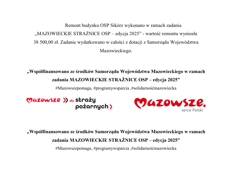 Remont budynku OSP Sikórz wykonano w ramach zadania „MAZOWIECKIE STRAŻNICE OSP – edycja 2025”