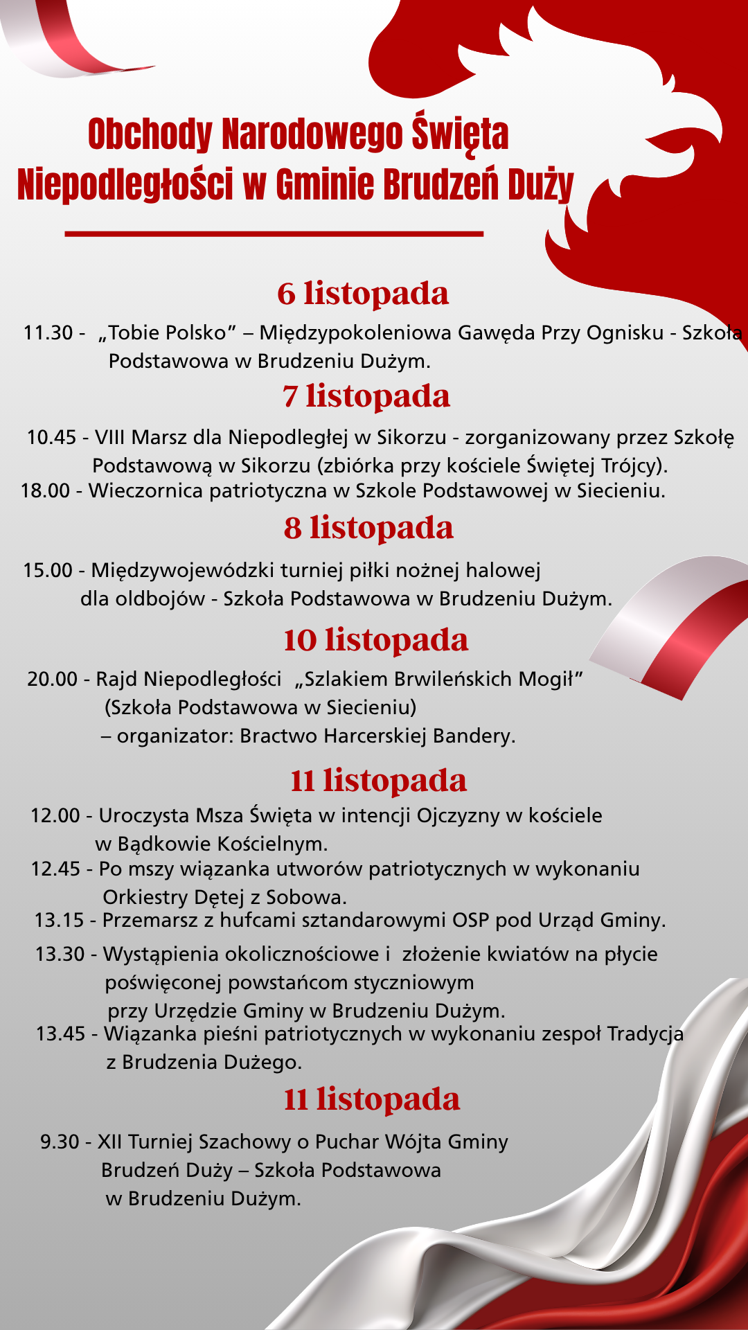 zapraszamy na obchody Narodowego Święta Niepodległości w Gminie Brudzeń Duży