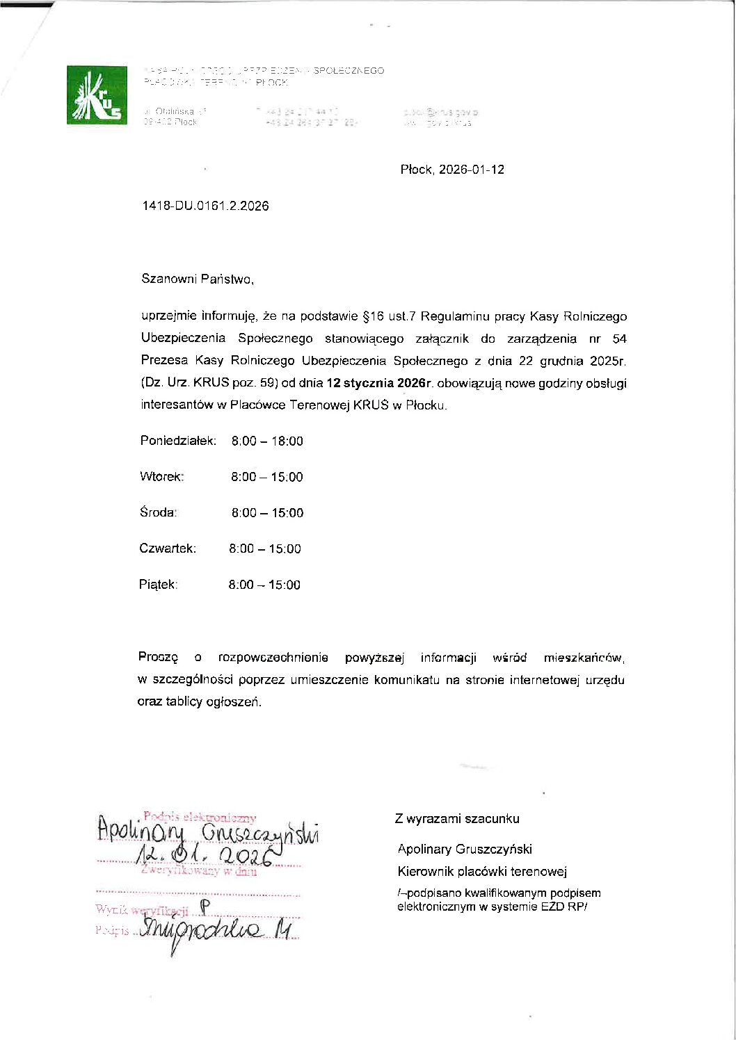 Nowe godziny obsługi interesantów -KRUS w Płocku