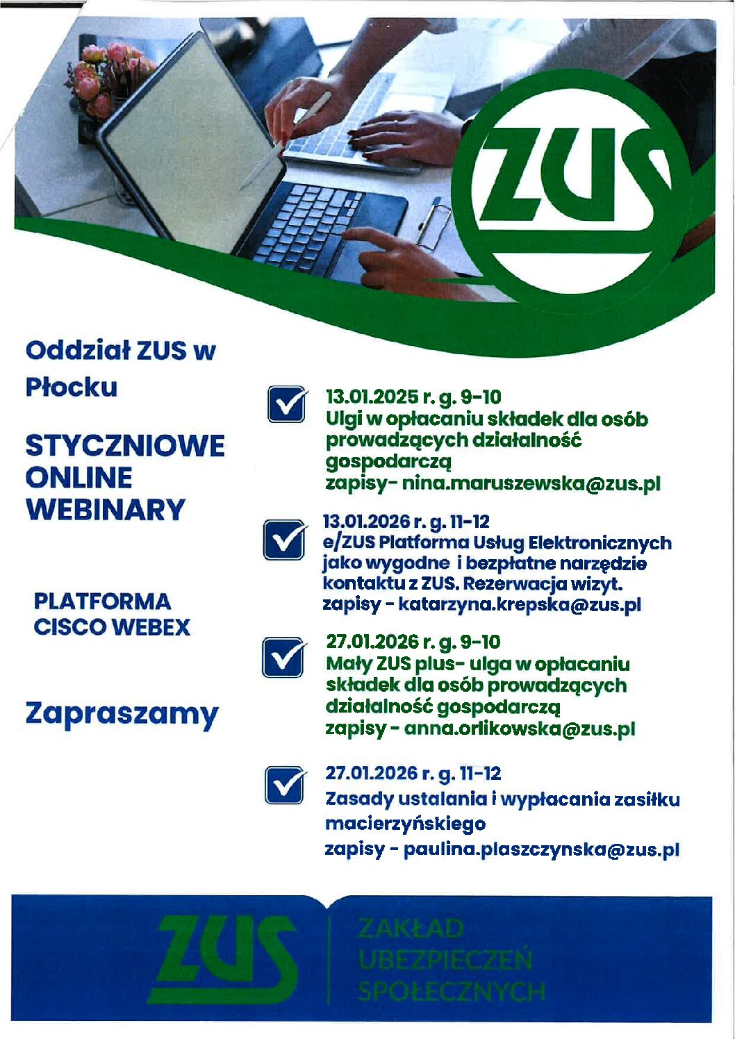 Oddział ZUS w Płocku – styczniowe online webinary